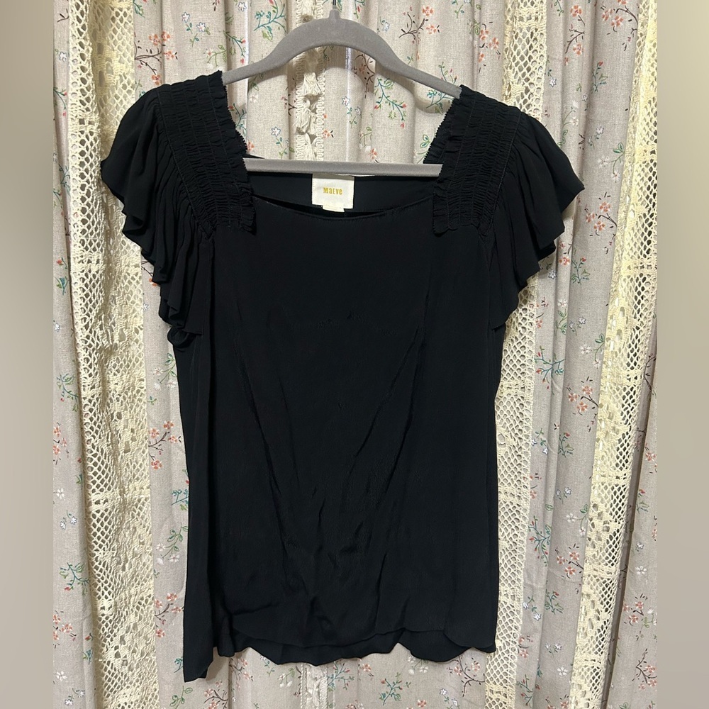 Anthropologie Maeve Epaulet Black Flutter Sleeve Blouse Size 10